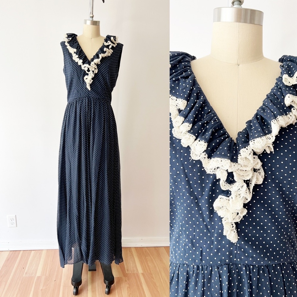 1970s Wide Leg Polka Dot Jumpsuit / 70s Ruffle Front Jumpsuit